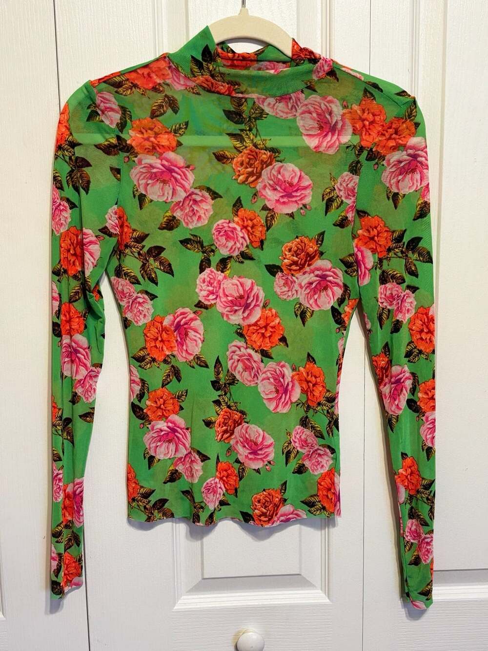 Afrm Zoe Mock Neck Mesh Top Size S Green Rose Floral Long Sleeve